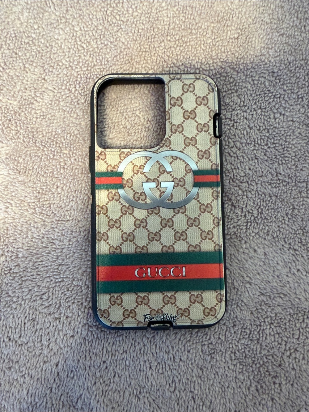 Gucci Beige Monogram Phone Case with Green & Red Stripe Accent